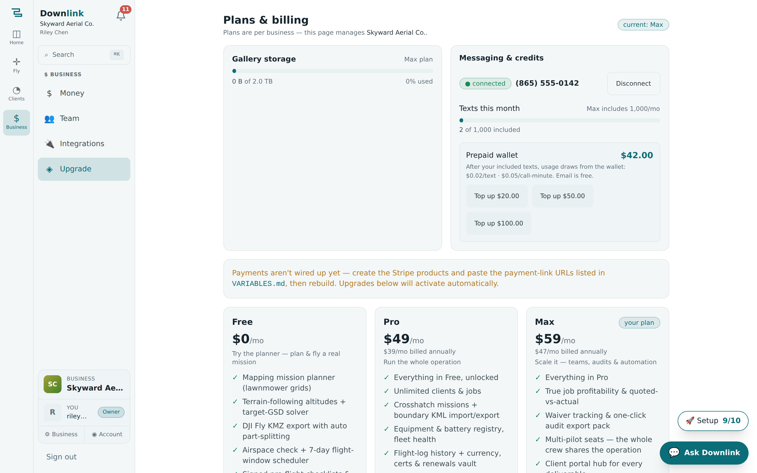 The Billing page showing the current plan, usage meters, and upgrade options