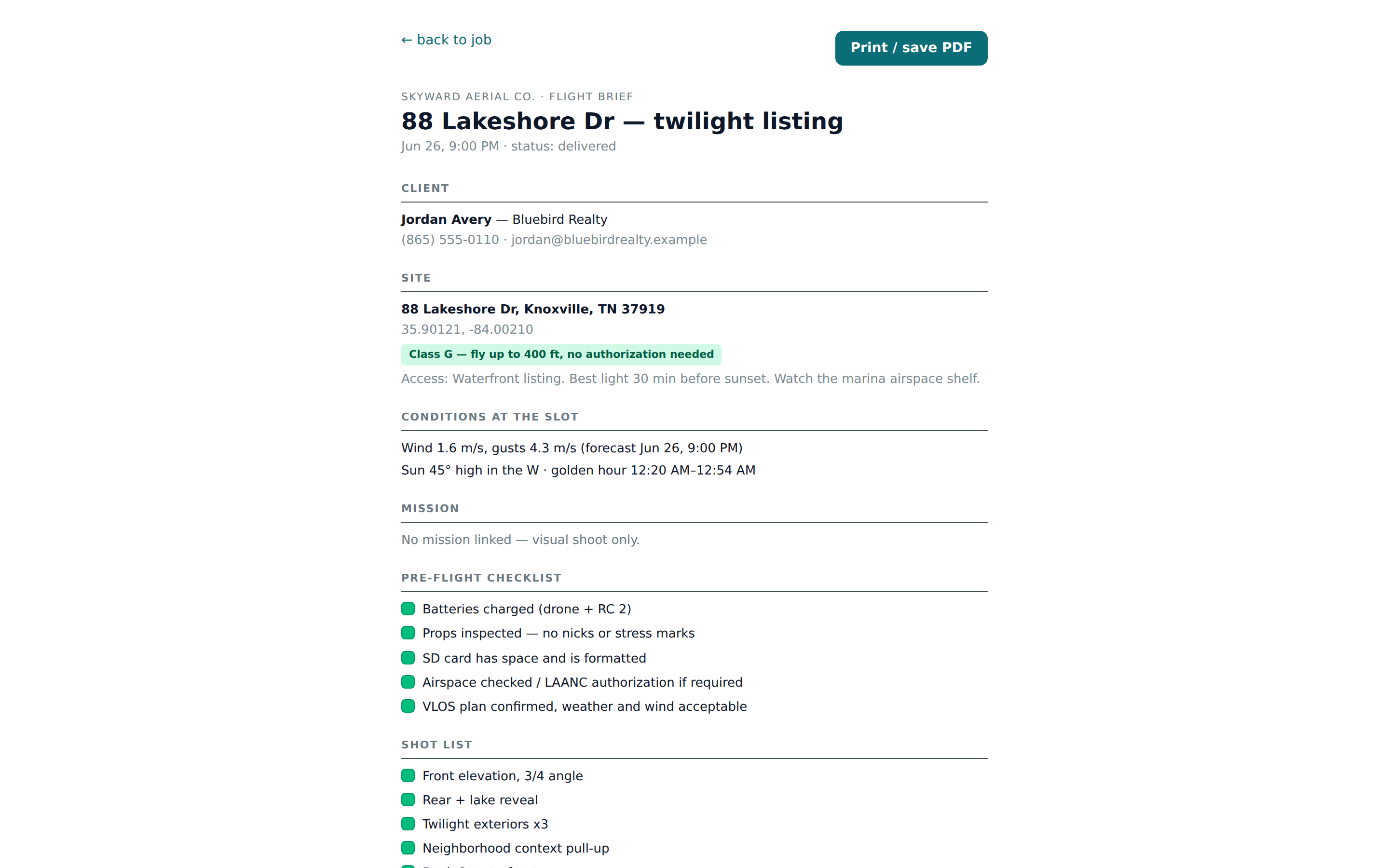 The printable one-page flight brief with client, site, airspace, conditions, mission numbers, and checklist