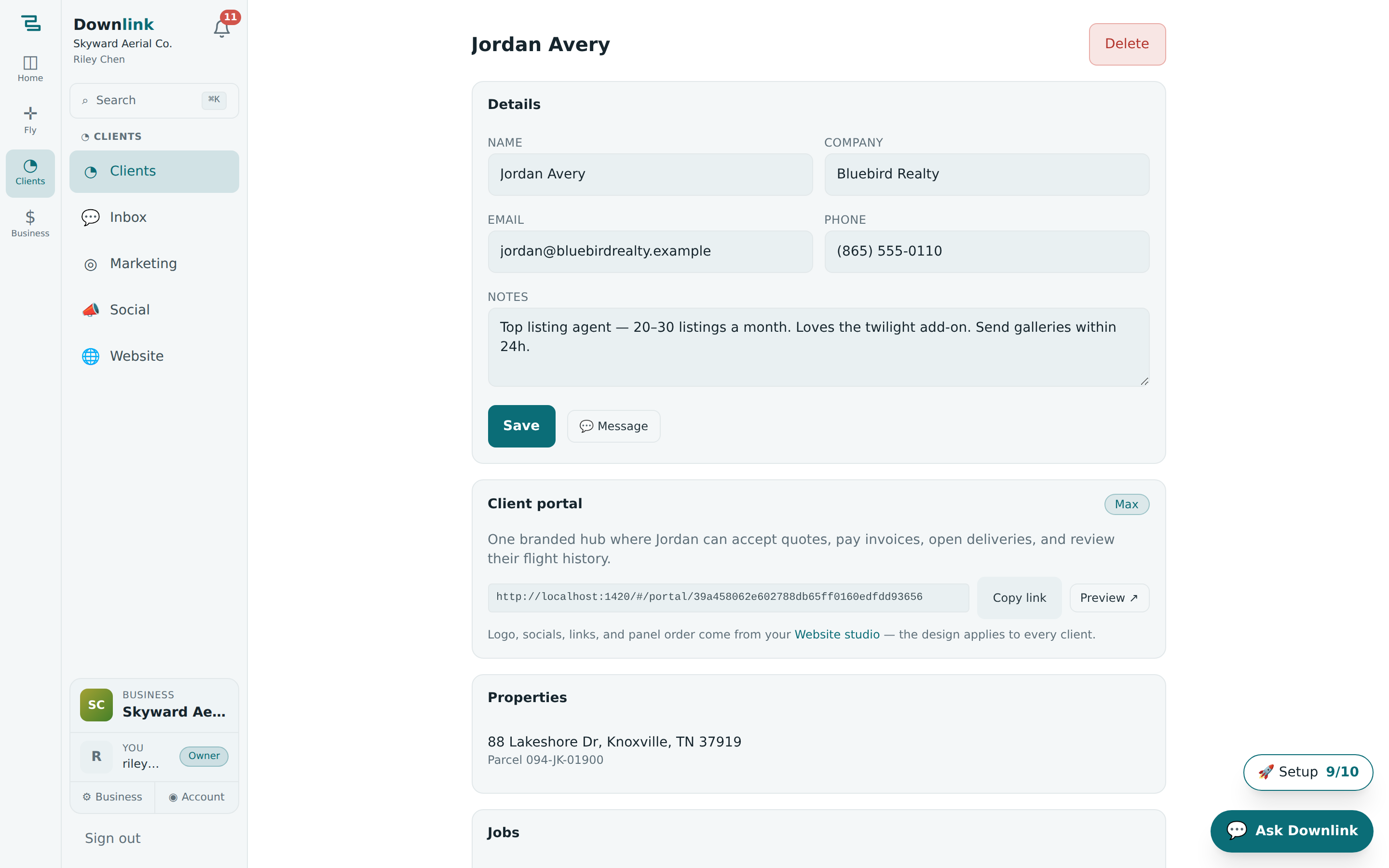 A client's page: editable details, a branded client-portal link, their properties, and jobs