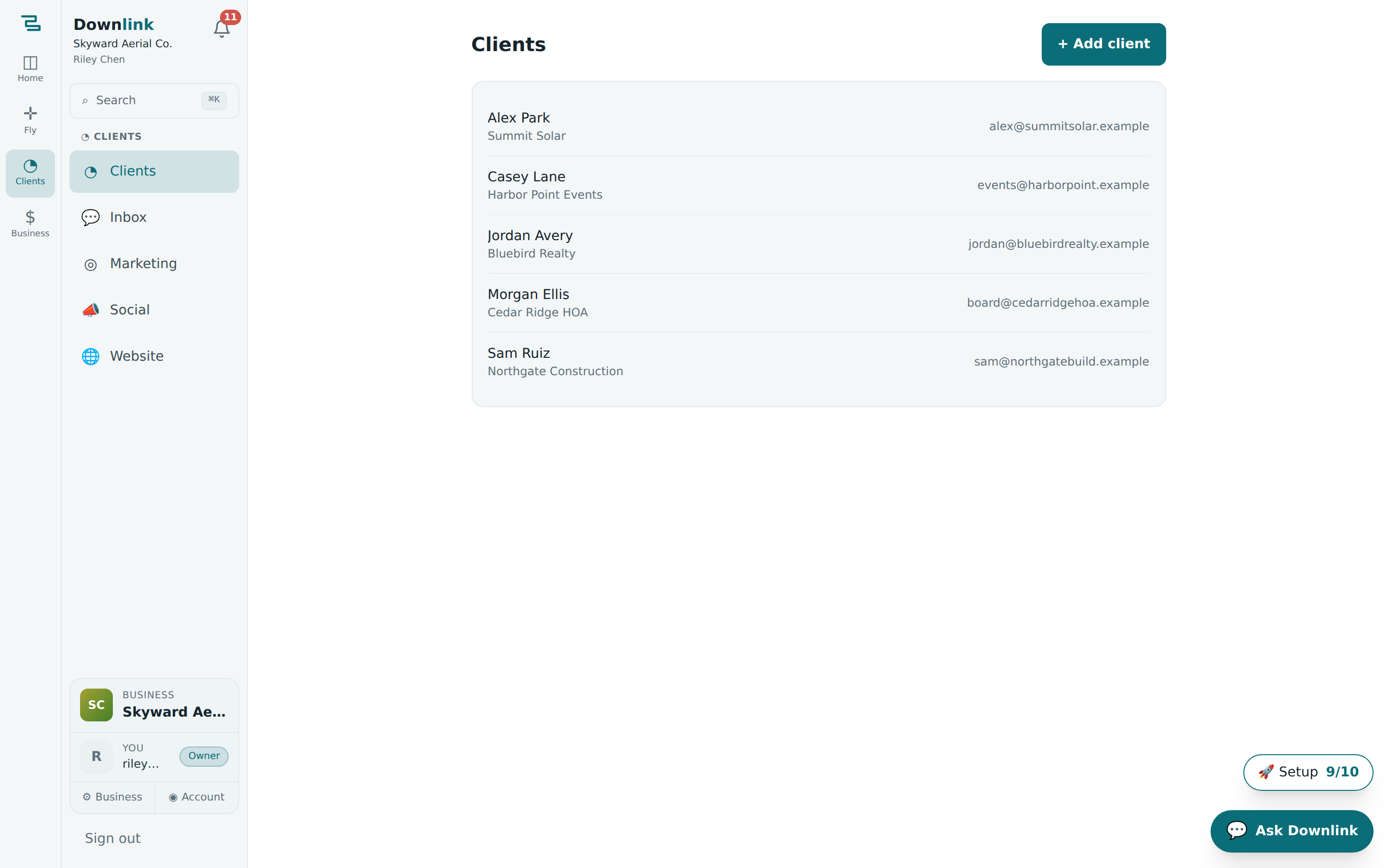 The Clients list with search and a New client button