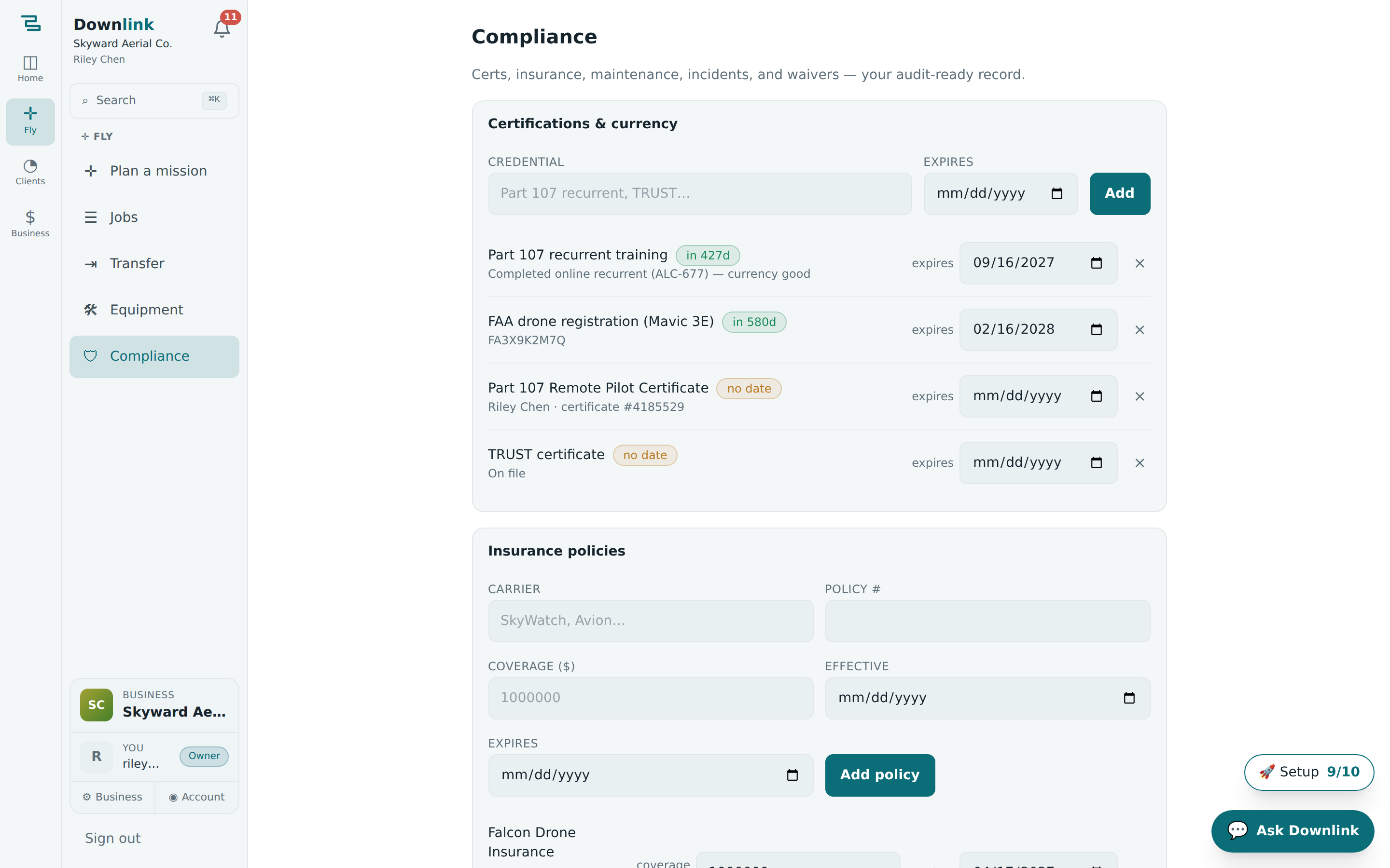 The Compliance vault: certifications and currency with expiry dates, plus insurance and maintenance