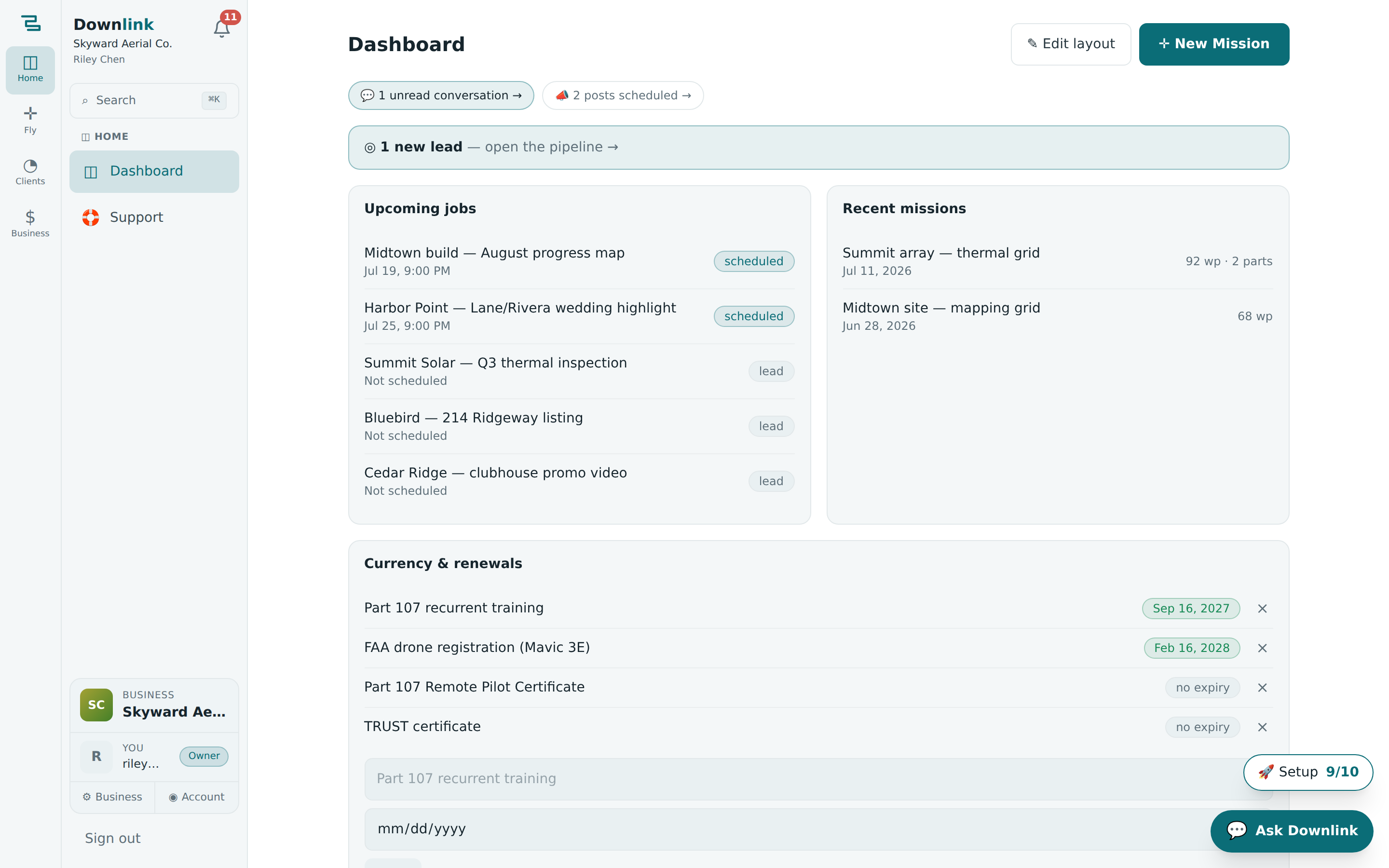 The Downlink dashboard: a two-column grid of widgets showing upcoming jobs, recent missions, revenue and renewals, with an Edit layout button top right