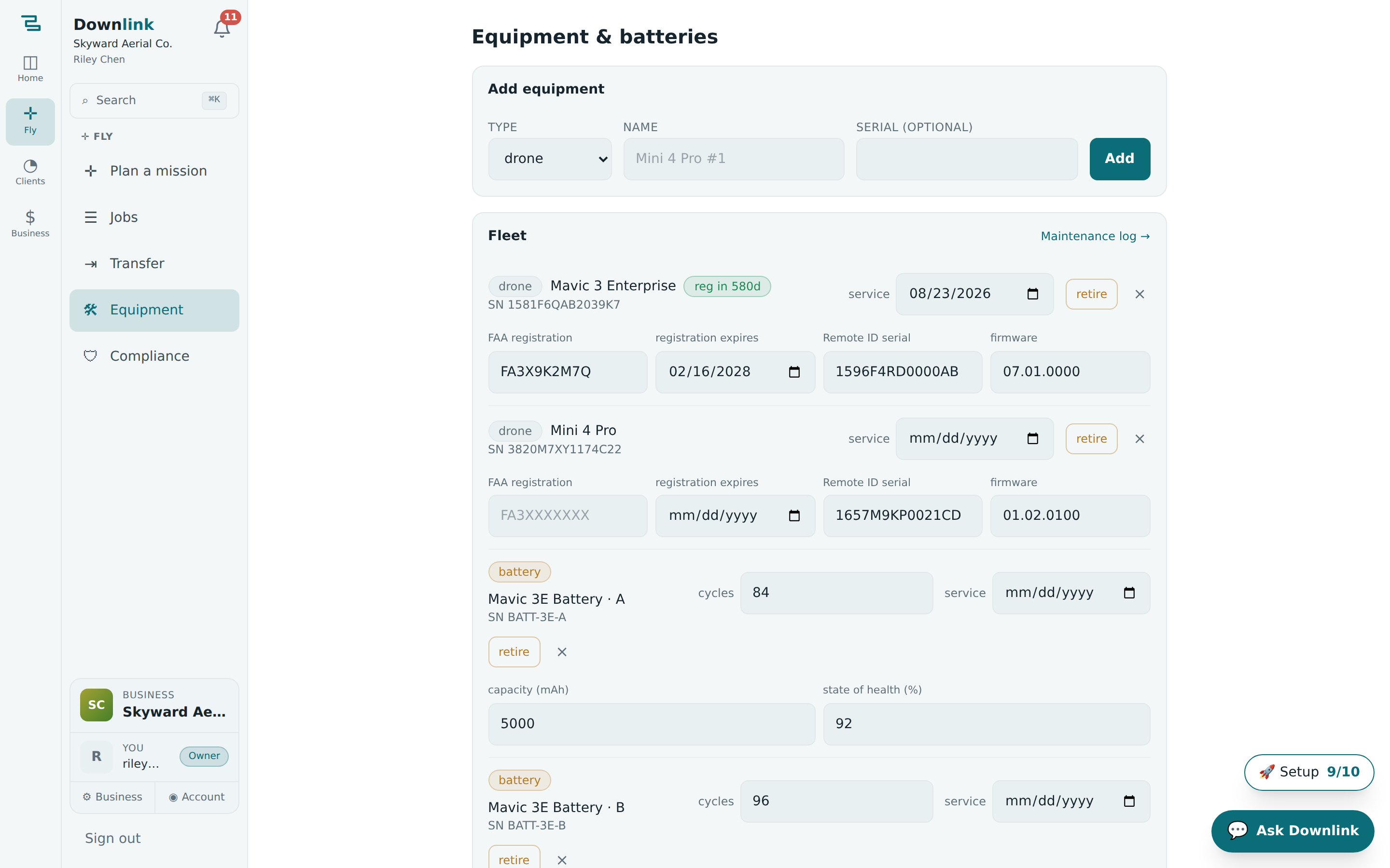 The Equipment page: an Add equipment form above a Fleet list showing a drone and batteries with cycle, health and service badges