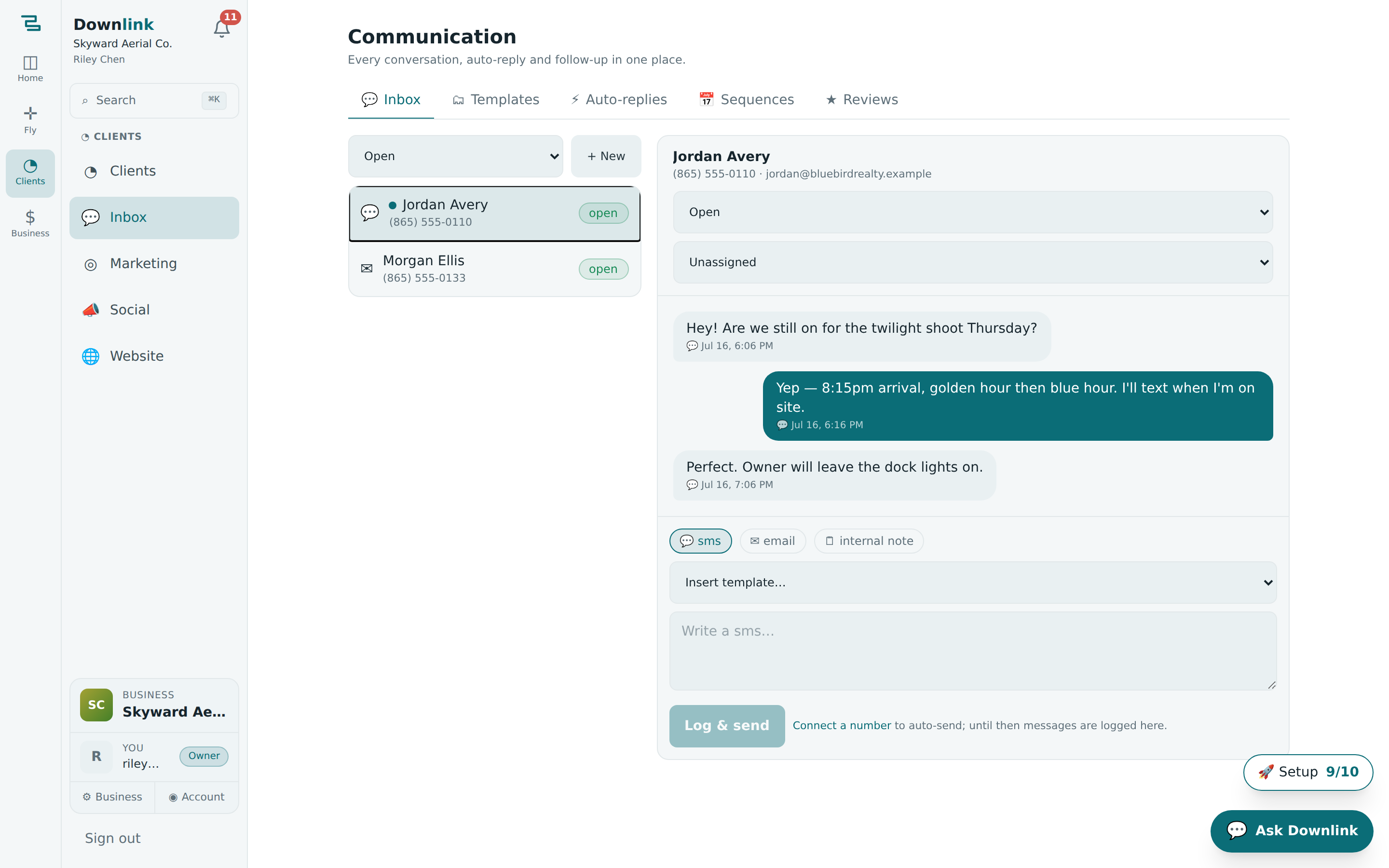 The communication inbox with a conversation thread open showing SMS bubbles and a composer