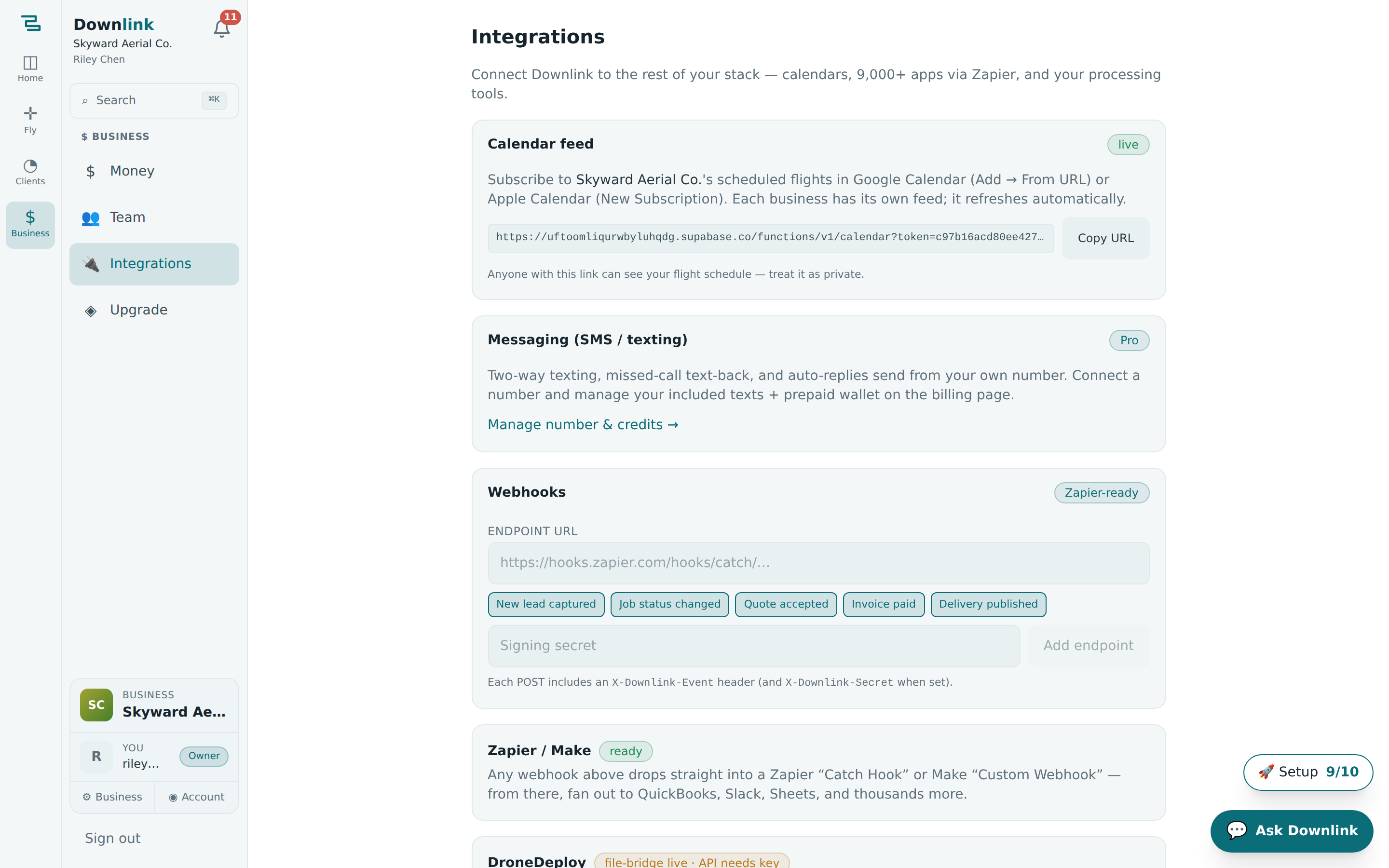 The Integrations page with calendar, webhooks, and Stripe Connect cards