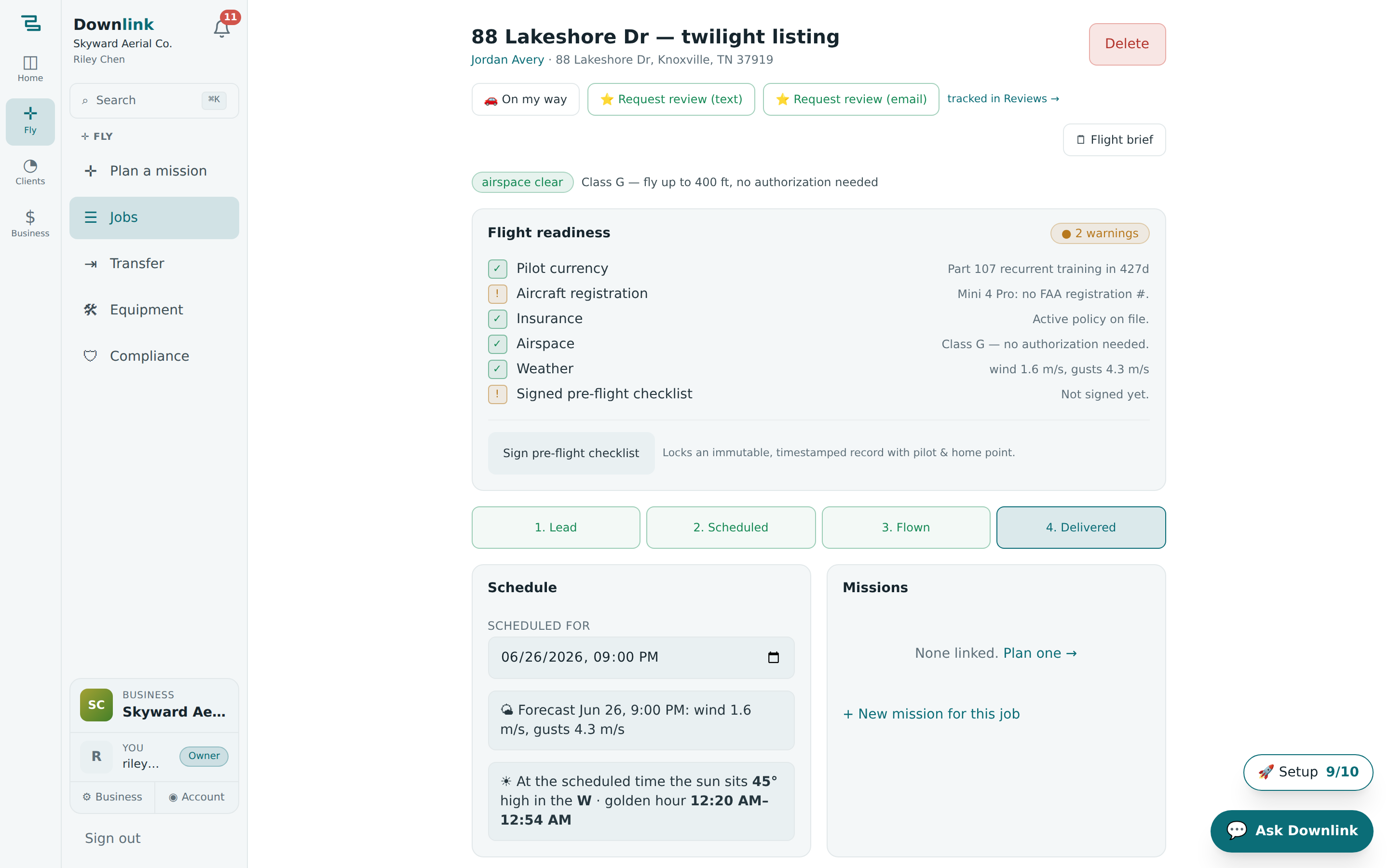 A job workspace showing the shot list, pre-flight checklist, linked client and property, and status