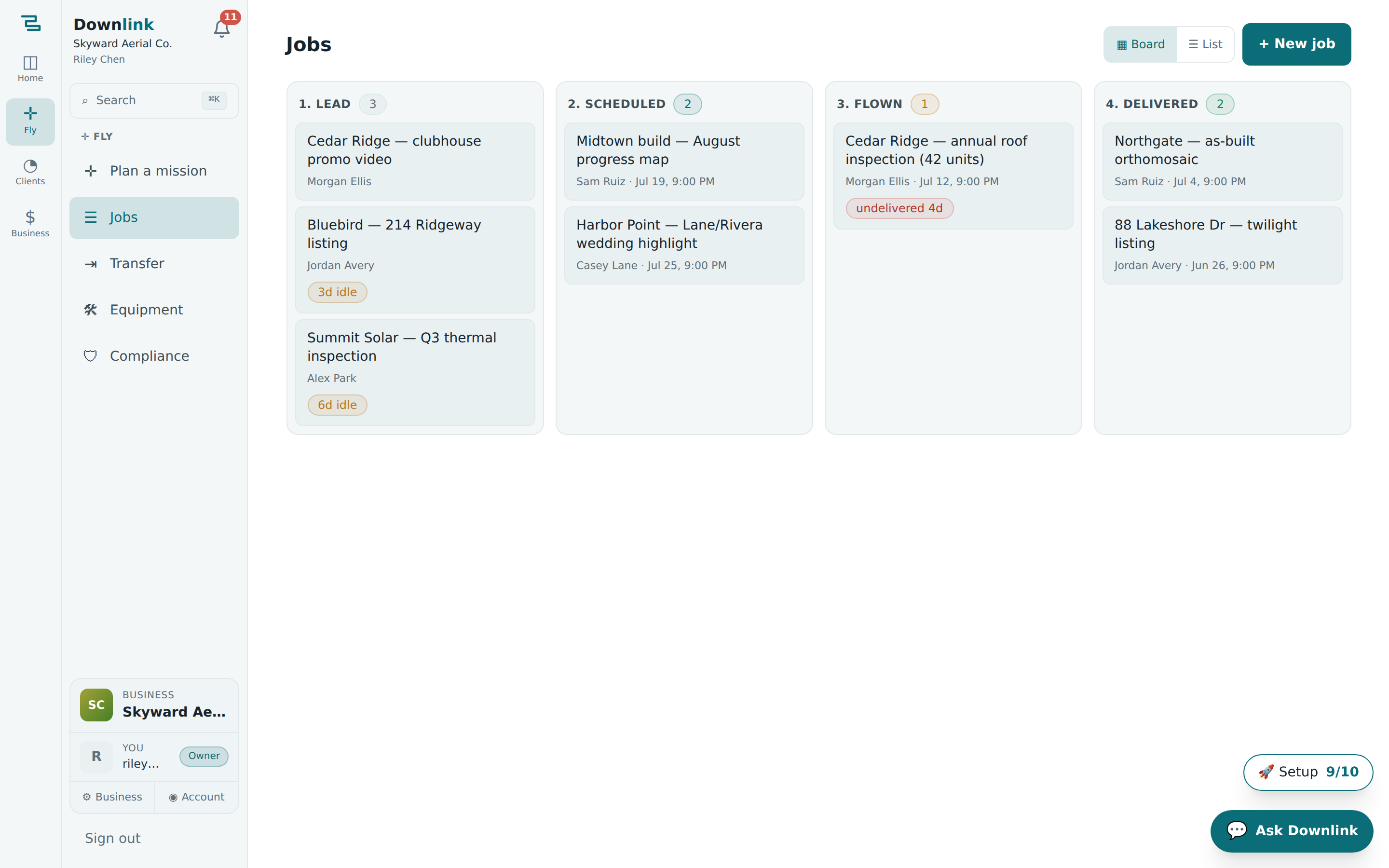 The Jobs pipeline board with four columns — Lead, Scheduled, Flown, Delivered — and draggable job cards showing client and staleness badges