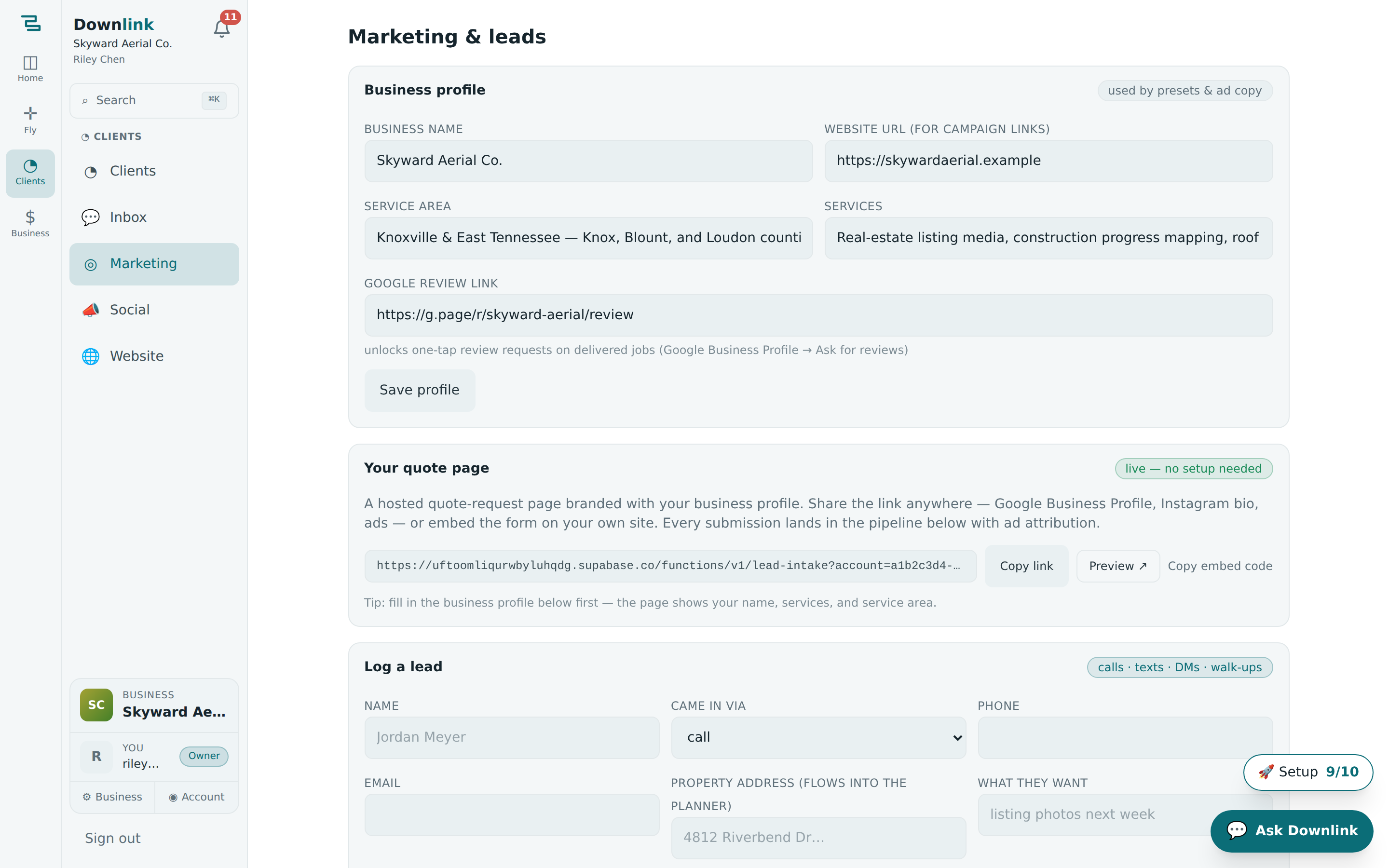 The Marketing page: hosted quote-page link with copy and embed, a lead pipeline of contacts with status badges, and campaigns with tracked links