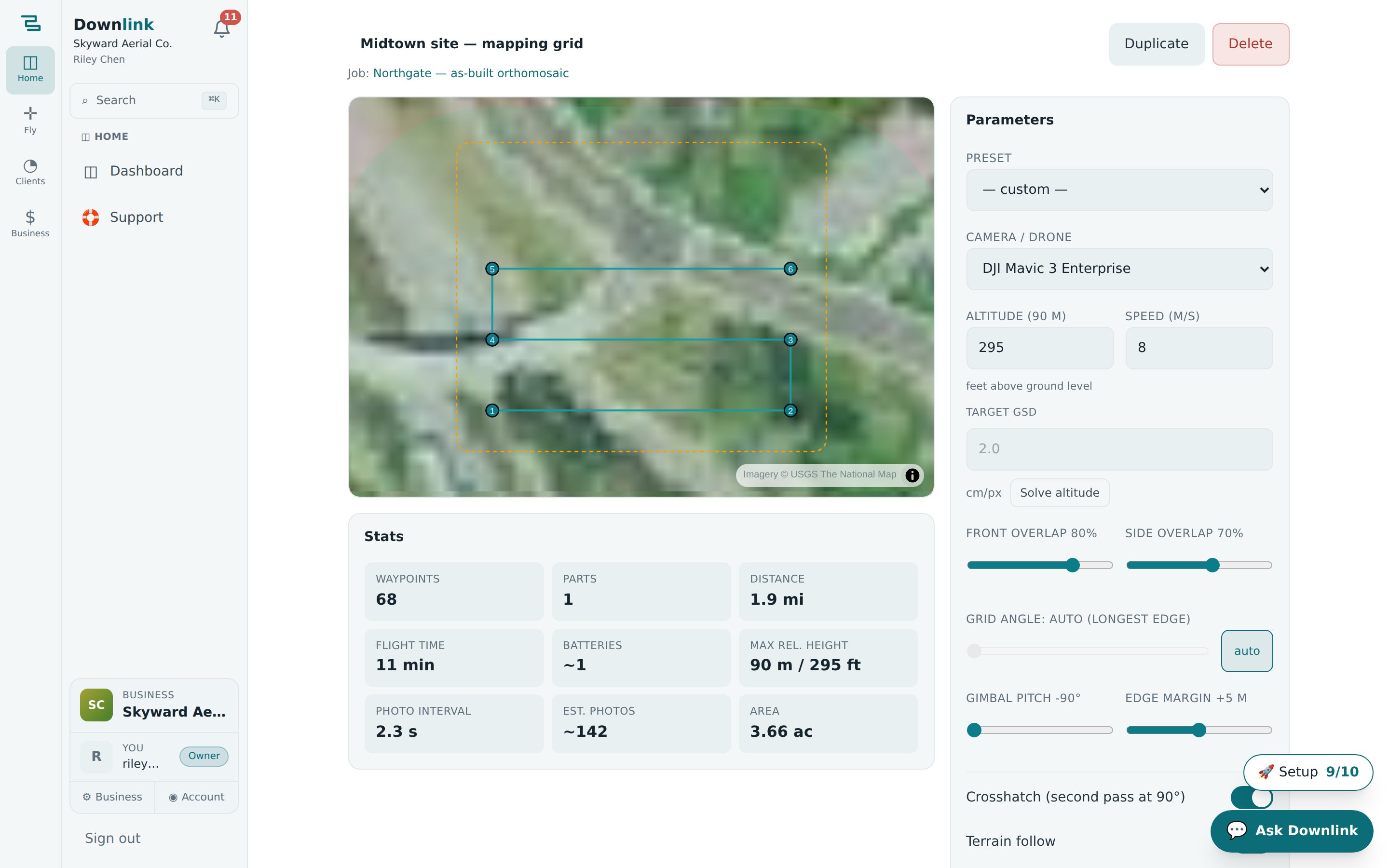 The mission planner: a serpentine mapping grid with numbered waypoints over satellite imagery, with live overlap and GSD readouts