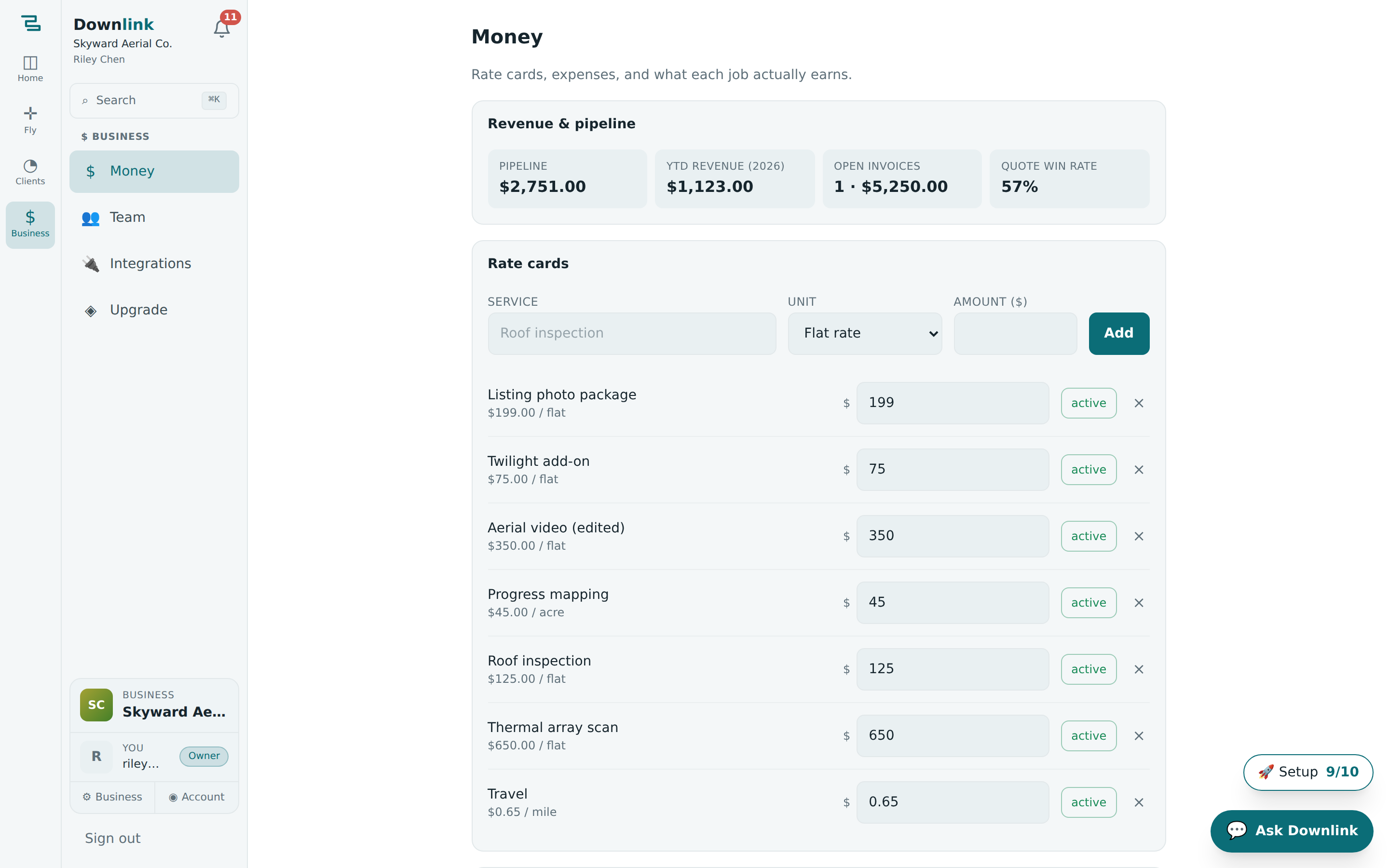 The Money page: a revenue and pipeline snapshot above a list of priced rate cards