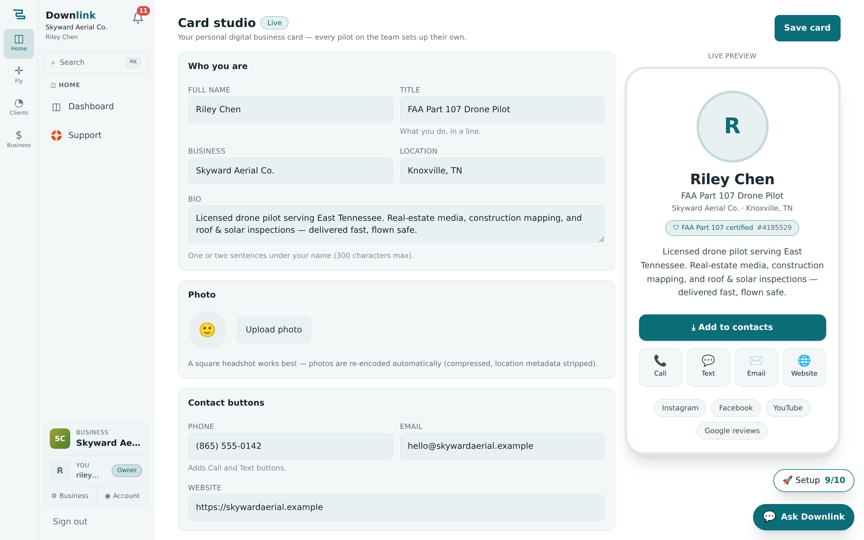 The pilot-card studio with identity, contact, socials, Part 107, and portfolio fields