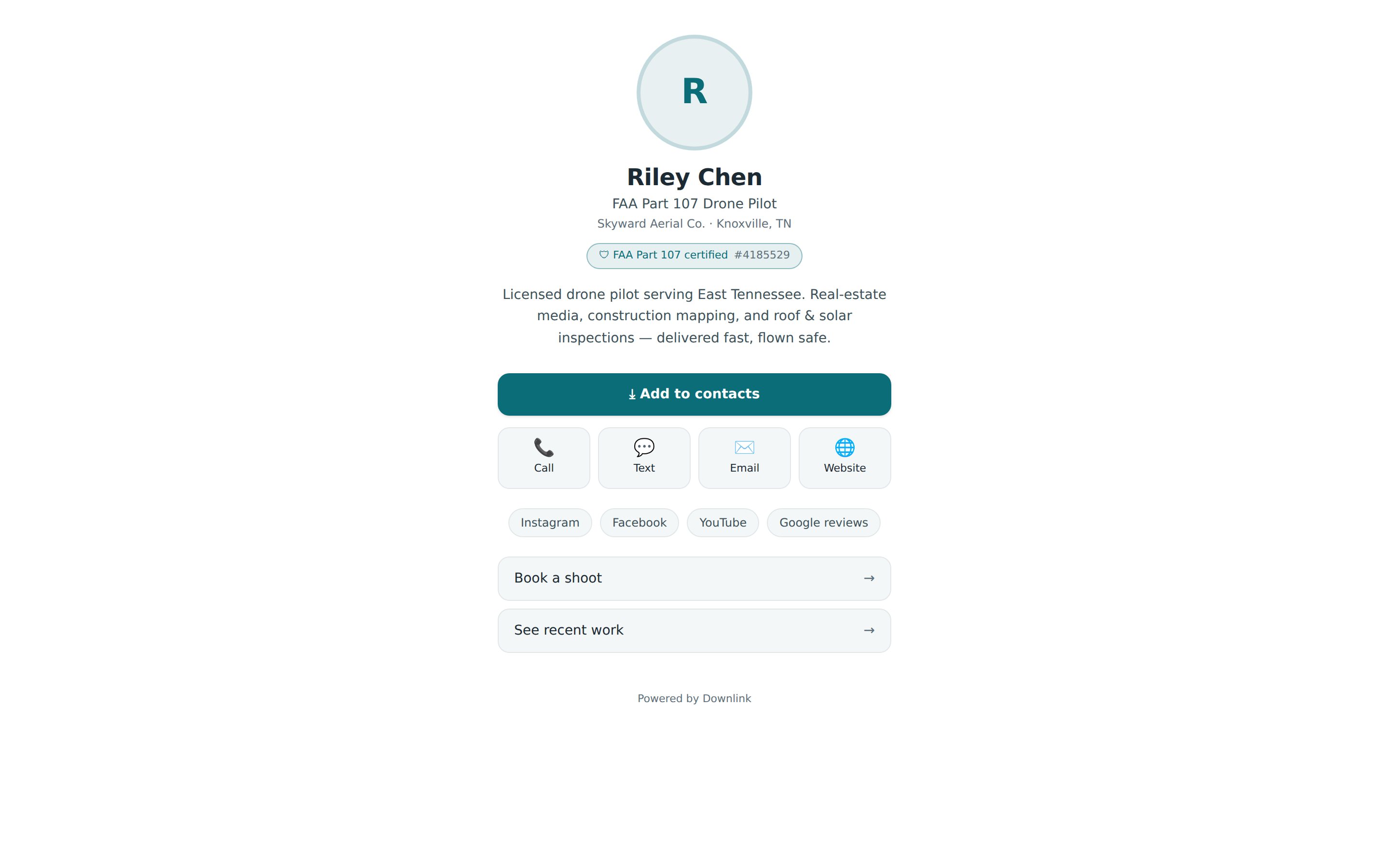 The public pilot card for Riley Chen with a bio, contact actions, and social links