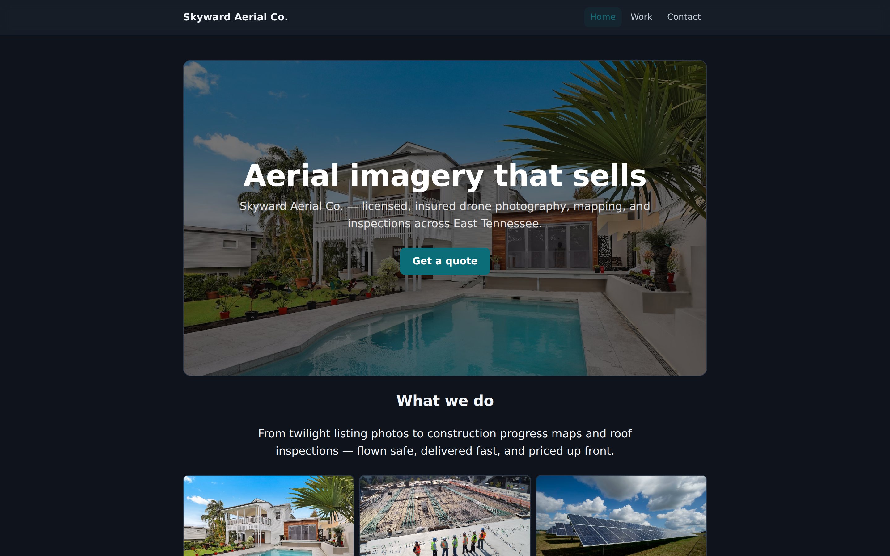 The published Skyward Aerial Co. website with a photo hero, nav, and a gallery