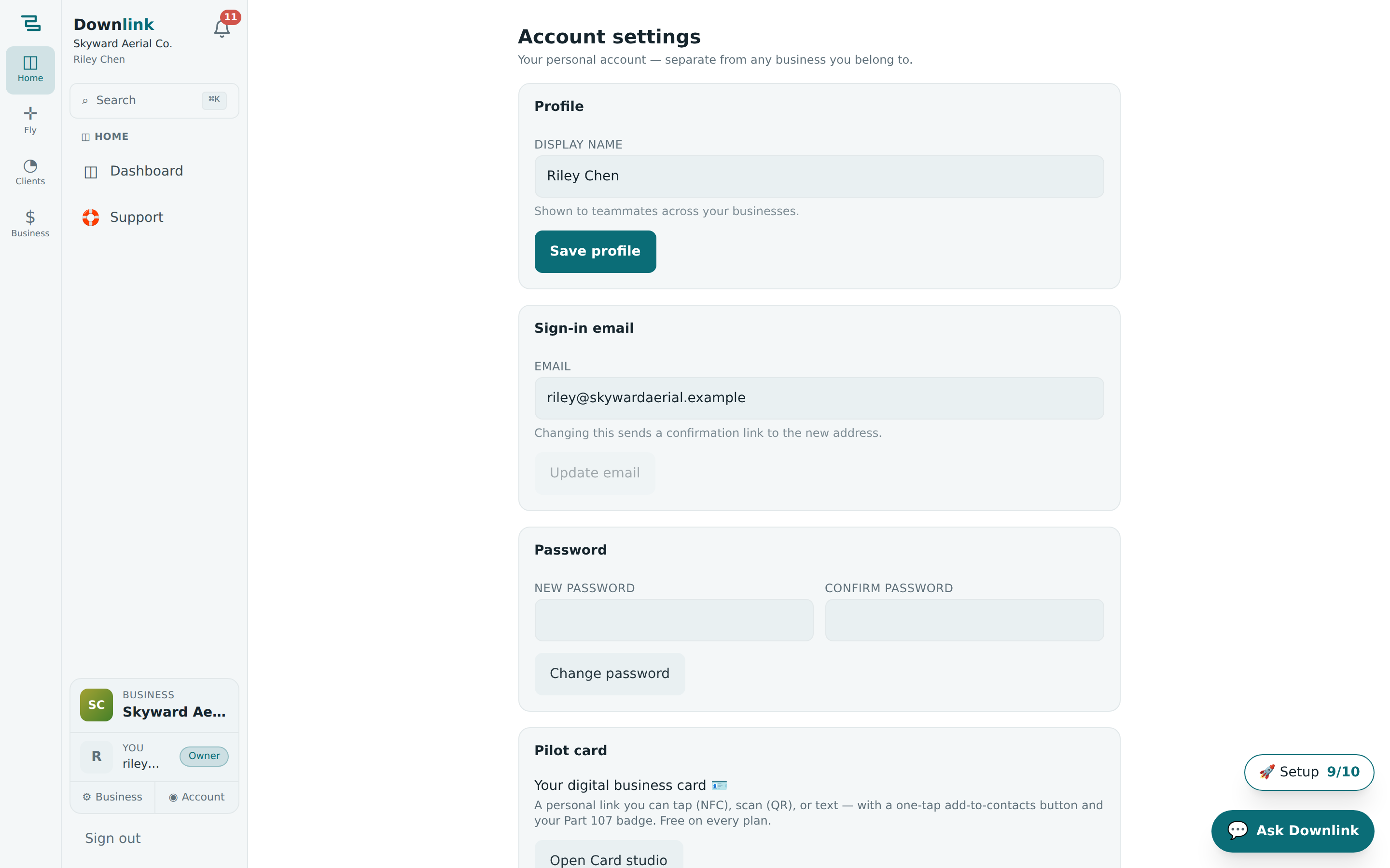 The Account settings page with profile, appearance, and notification controls