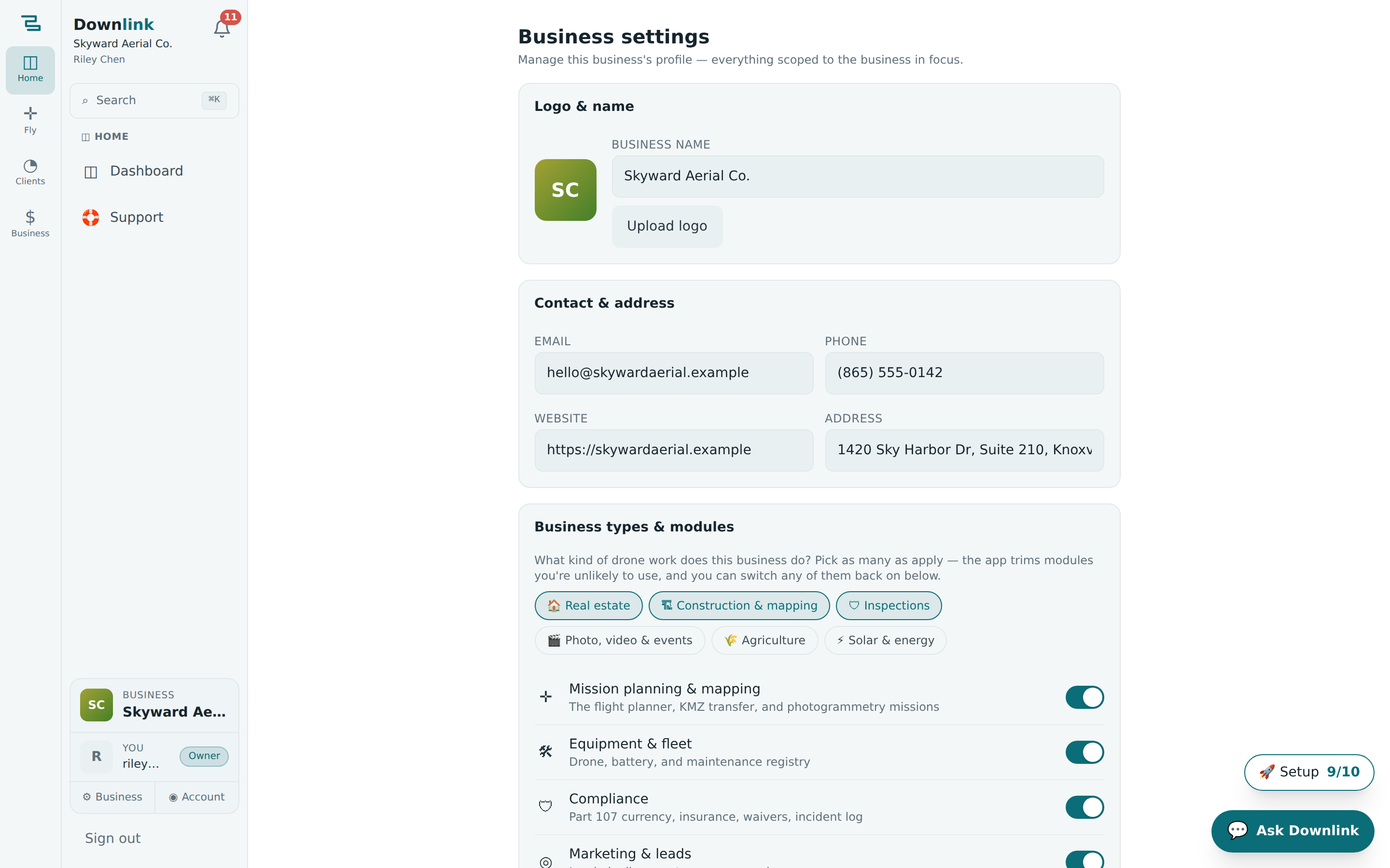 Business settings: profile name, logo, address, phone, website, and active modules