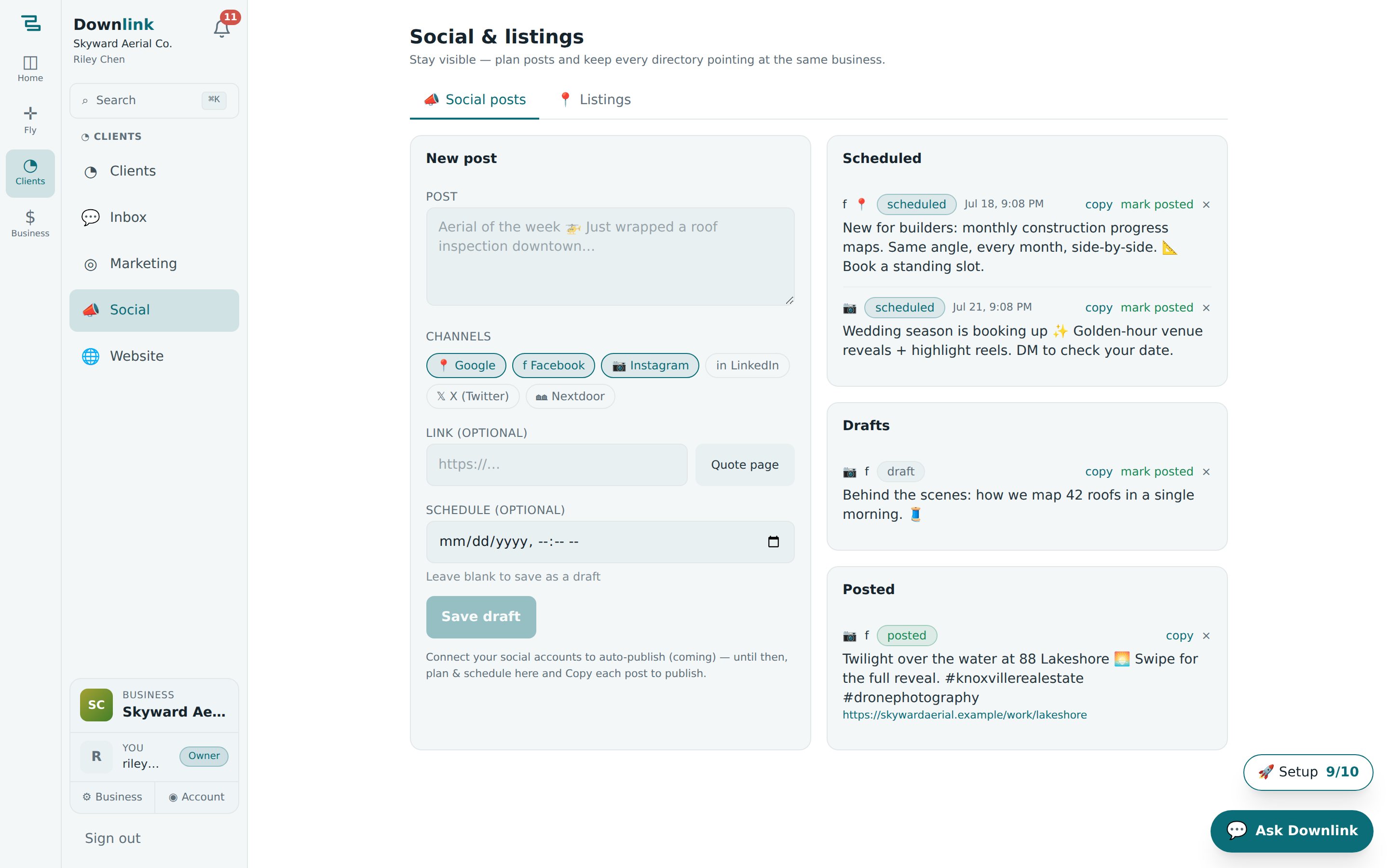 The Social hub with a post planner and a business-listings manager
