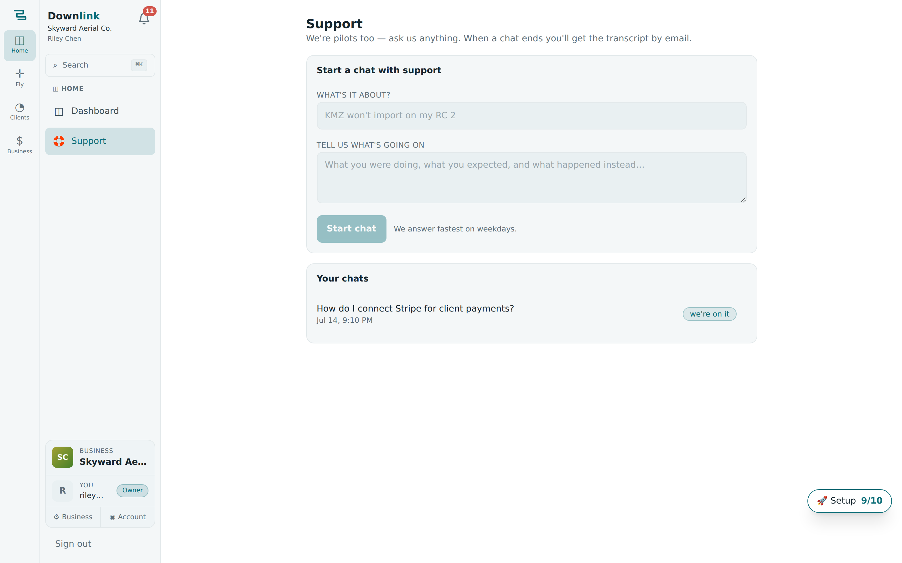The Support page showing the AI assistant and the list of your support tickets