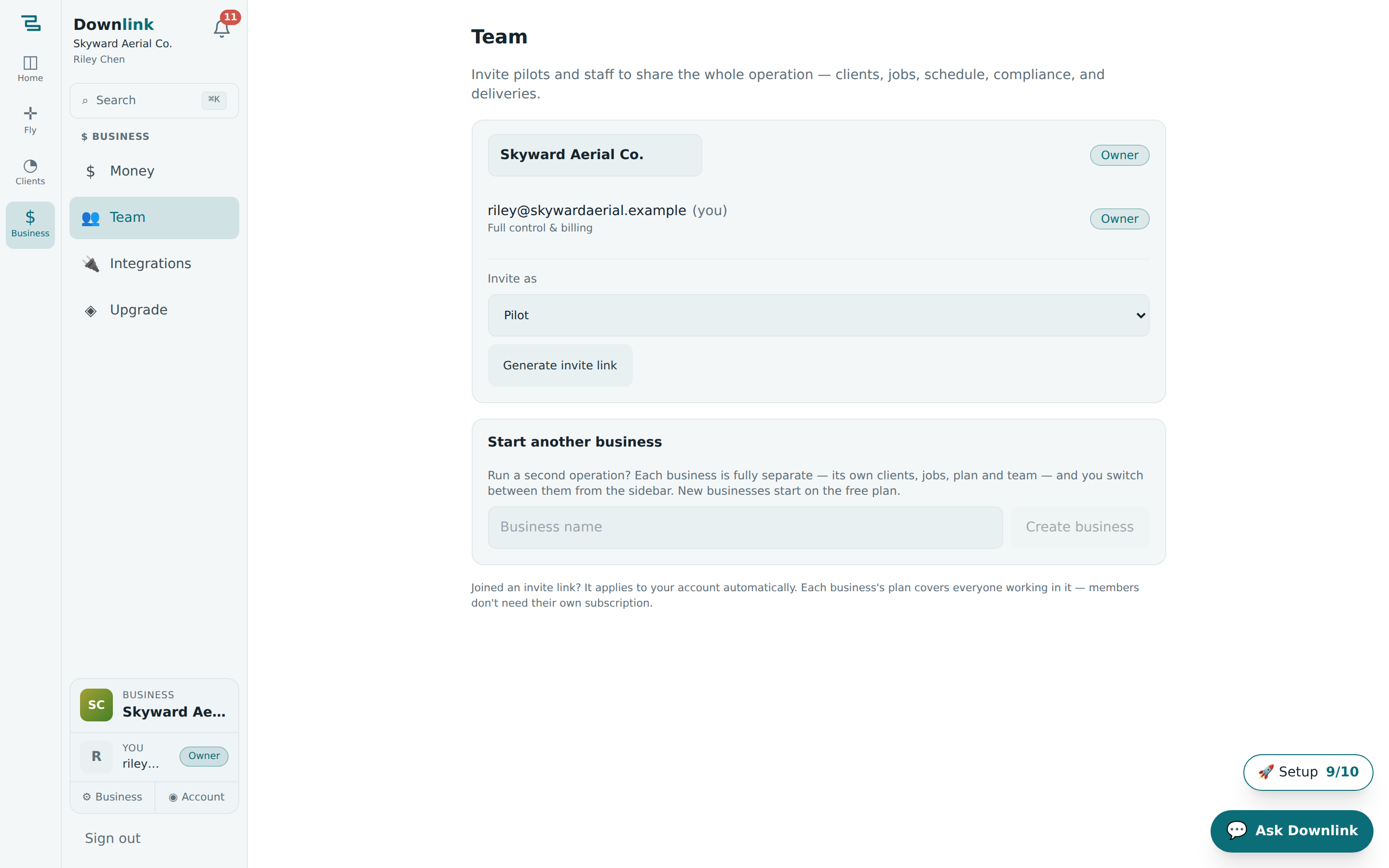 The Team page listing members with their roles and an invite control