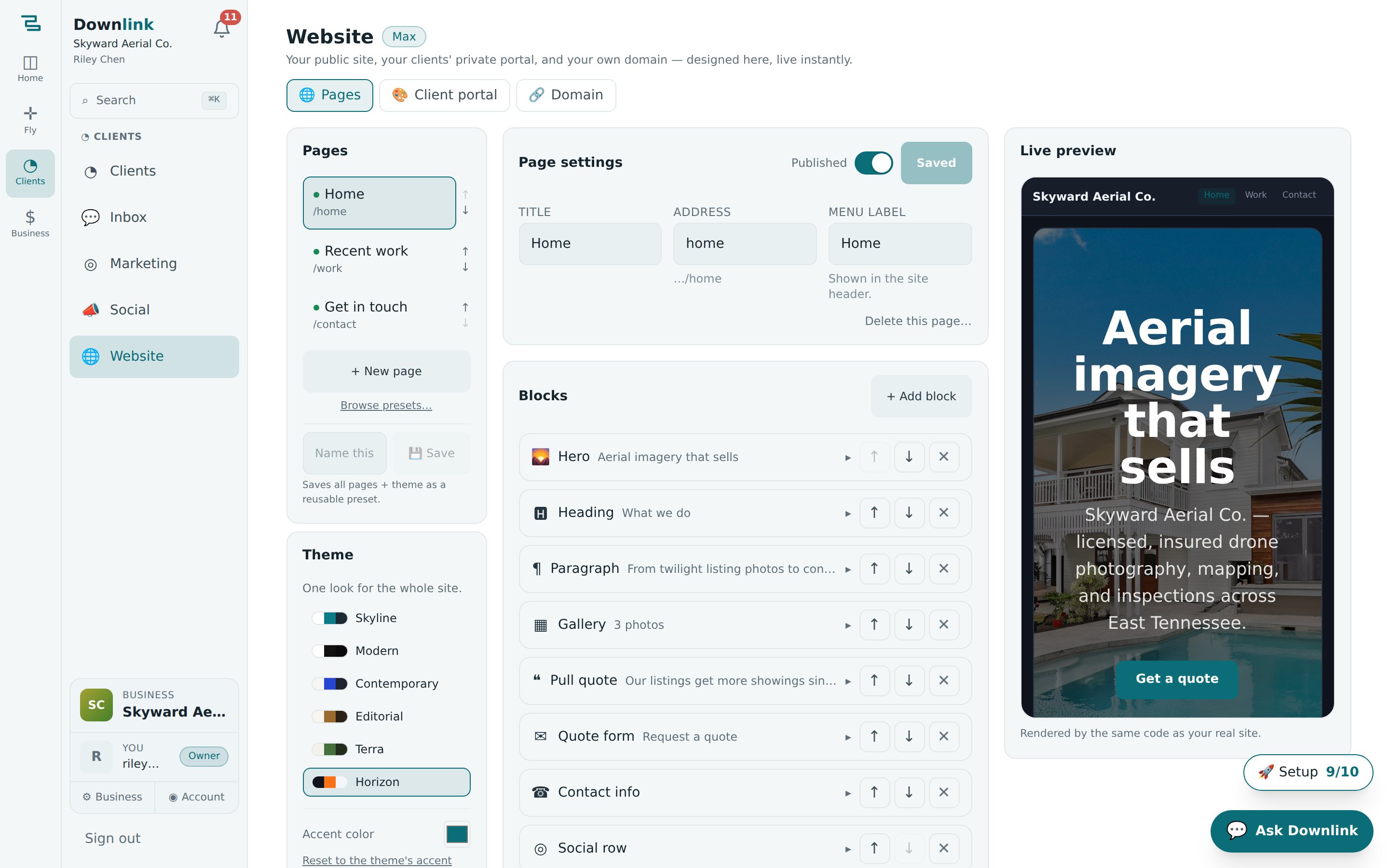 The website studio block editor with a page's typed blocks and a live preview